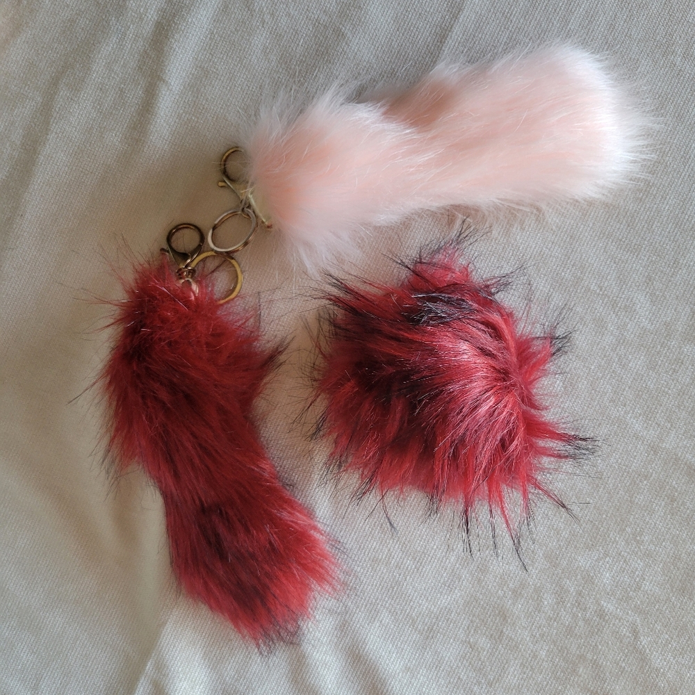 Faux Fur Keychain Set - Pink and Red Oblong And Round Red With Black Tips